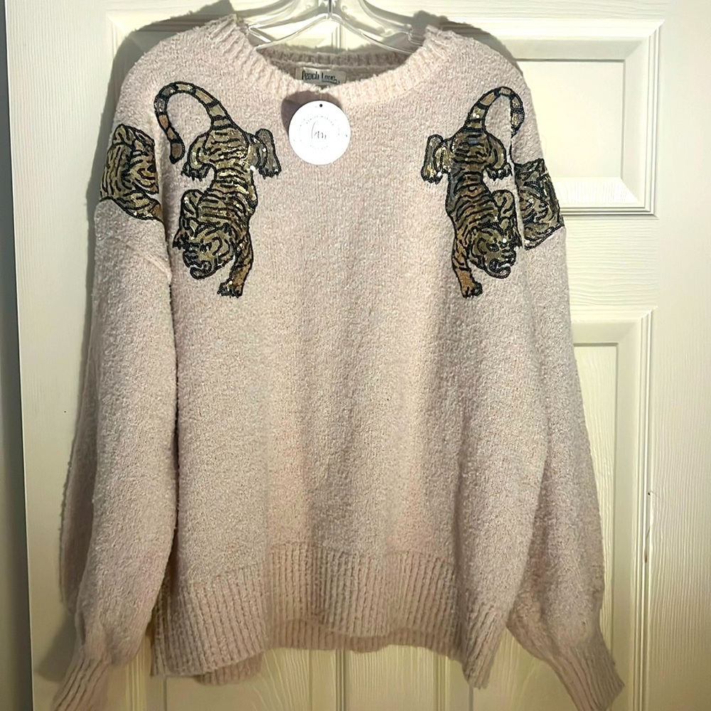 NWT Peach Love sequined tiger sweater